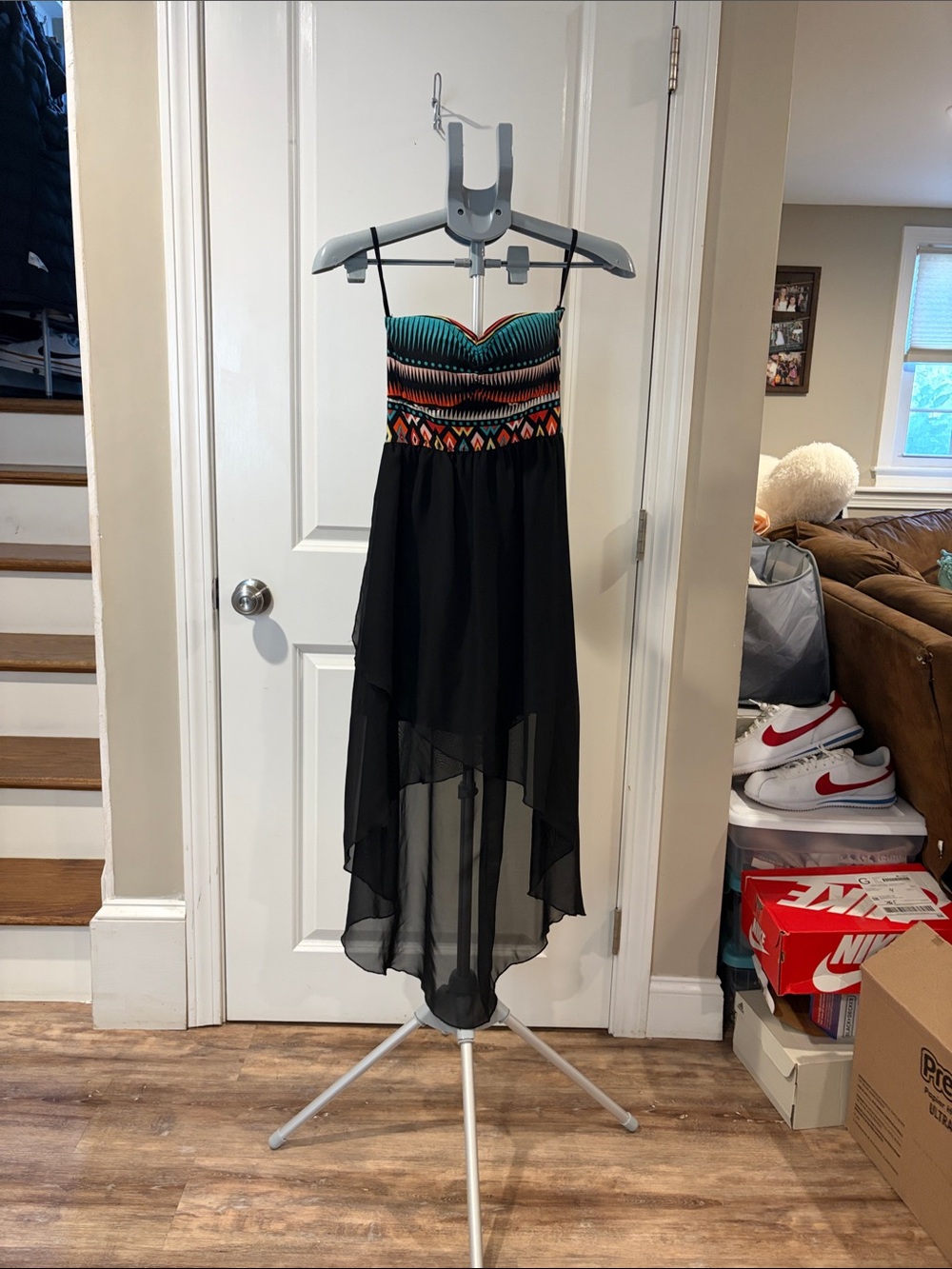 Shasa Strapless High-Low Dress with Black Skirt & Teal Accents